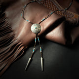 Turquoise Concho with Brown and Antiqued Silver Necklace Bolo