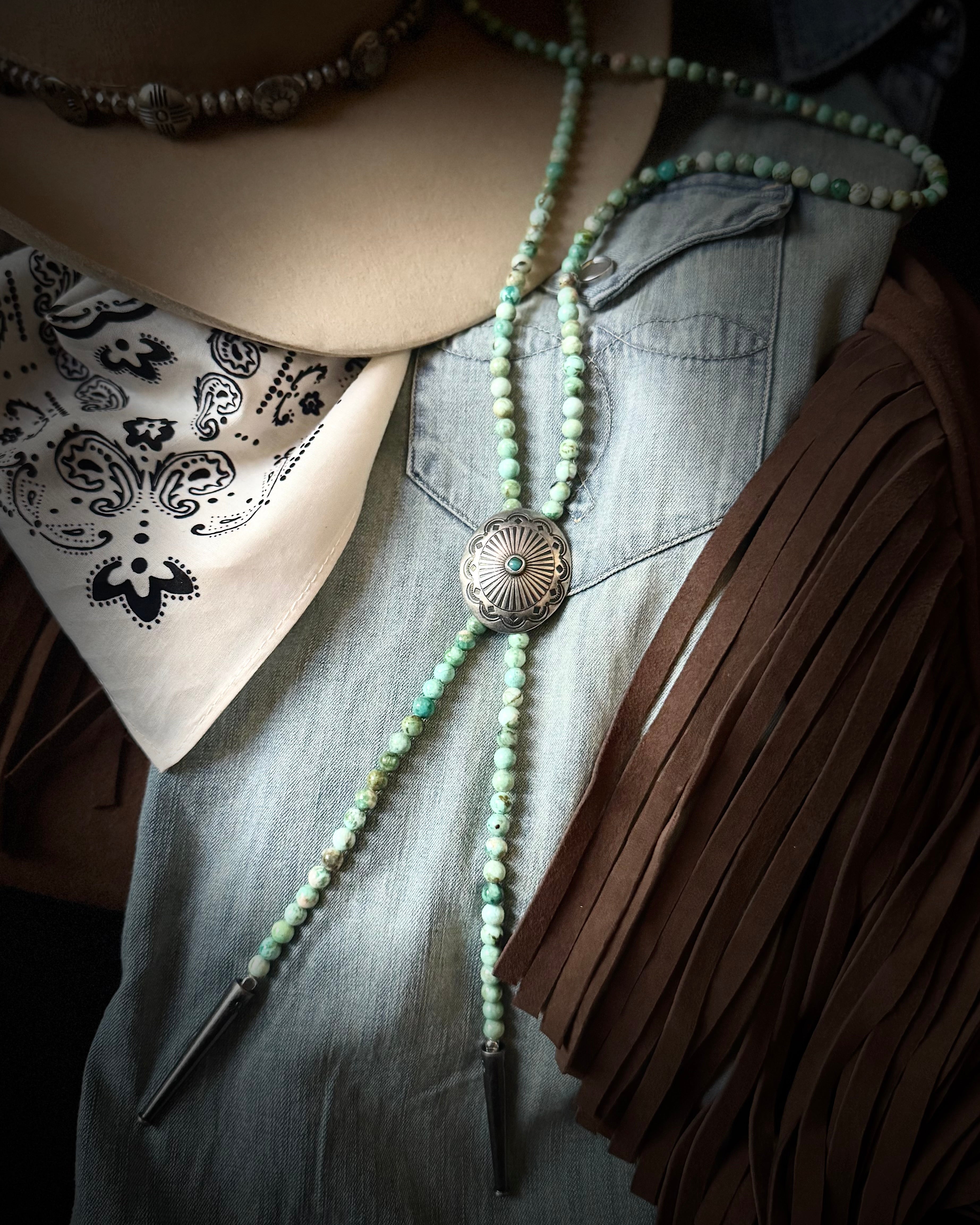Turquoise beaded necklace bolo with silver concho