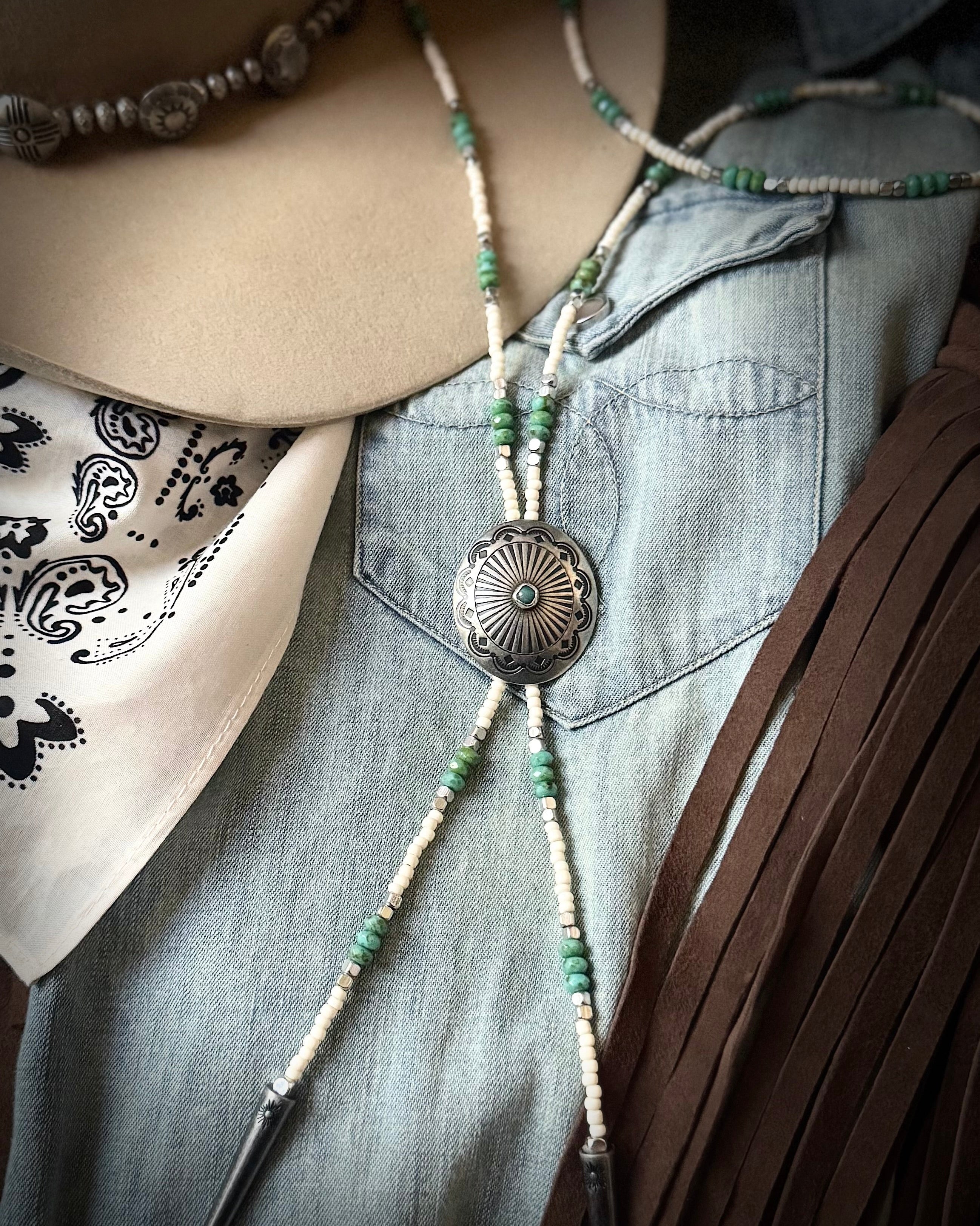 Necklace bolo with turquoise concho on bone, turquoise and antique silver beads