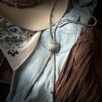 Antiqued silver beaded necklace bolo with silver concho