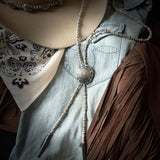 Antiqued silver beaded necklace bolo with silver concho