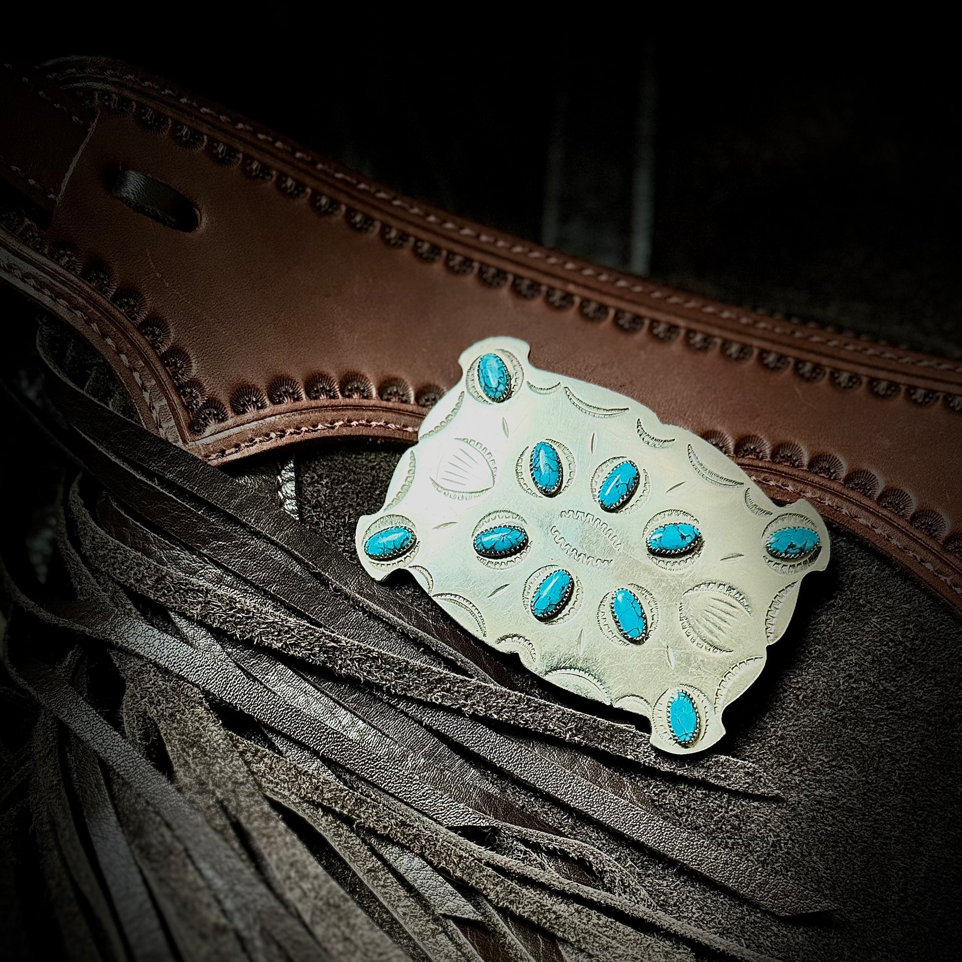 Ornate Silver-Tone Turquoise Spade Belt Buckle Belt, A Vintage, Buckle, Cast, Turquoise, Converted Old  main image 3